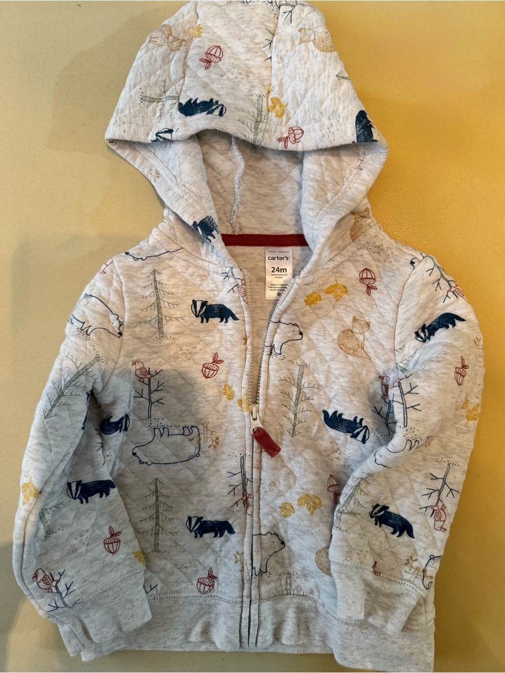 Carter's Light Gray Quilted Hoodie with Navy, Yellow & Red Woodland Prints